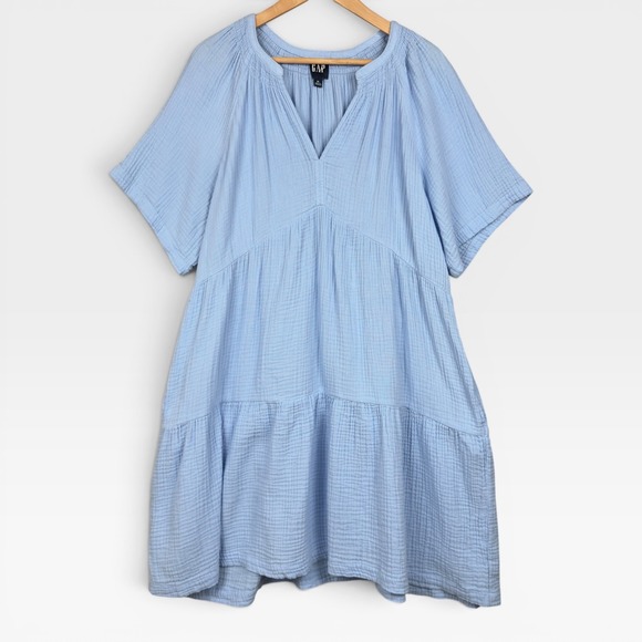 GAP Dresses & Skirts - Gap Cotton Gauze Tiered Dress XL Light Blue Short Sleeve Mini V-Neck Coastal